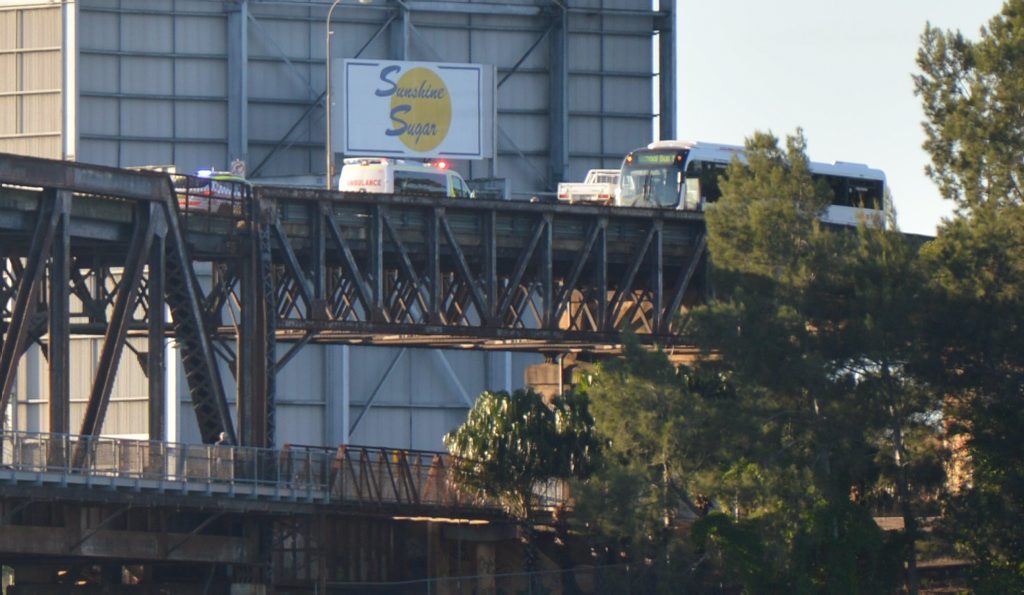It is believed a car and school bus collided on the Grafton Bridge at about 7.40am this morning. Photo Georja Ryan / Daily Examiner It is believed a car and school bus collided on the Grafton Bridge at about 7.40am this morning. Photo Georja Ryan / Daily Examiner