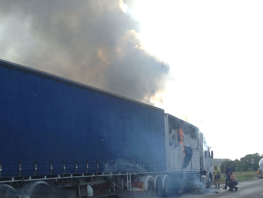A B-Double, believed to be carrying cotton bales, was reported to be on fire after the single-vehicle crash shortly before 9am. A B-Double, believed to be carrying cotton bales, was reported to be on fire after the single-vehicle crash shortly before 9am.