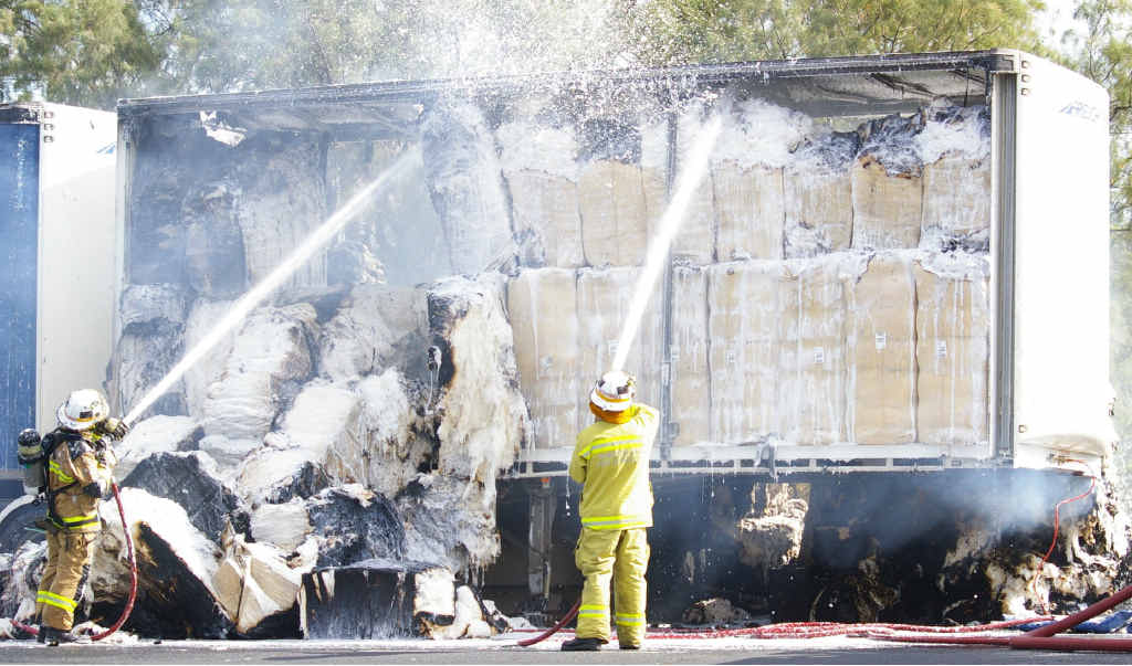 ROAD BLOCKAGE: The eastbound lanes of the Warrego Hwy at Minden were closed after a truck carrying cotton catches fire. ROAD BLOCKAGE: The eastbound lanes of the Warrego Hwy at Minden were closed after a truck carrying cotton catches fire.