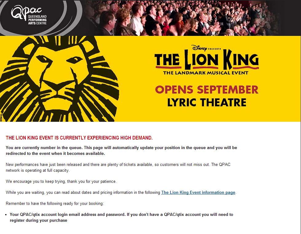 The message currently being displayed on QPAC's booking page. The message currently being displayed on QPAC's booking page.
