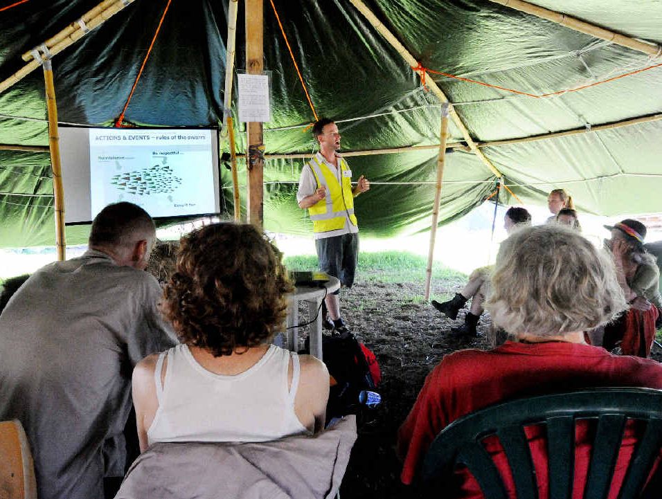 GAINING RESPECT: Speaking at a workshop on non violent protesting Adam Guise, at the Bentley CSG site on Saturday. GAINING RESPECT: Speaking at a workshop on non violent protesting Adam Guise, at the Bentley CSG site on Saturday.