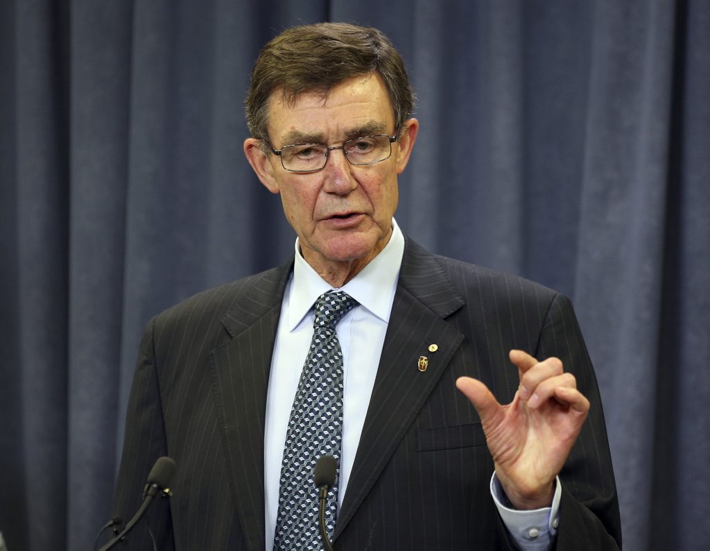 Retired Australian Air Chief Marshall Angus Houston speaks to the media during a press conference about the ongoing search operations for the missing Malaysia Airlines Flight MH370 in Perth, Australia, Sunday, April 6, 2014. Retired Australian Air Chief Marshall Angus Houston speaks to the media during a press conference about the ongoing search operations for the missing Malaysia Airlines Flight MH370 in Perth, Australia, Sunday, April 6, 2014.