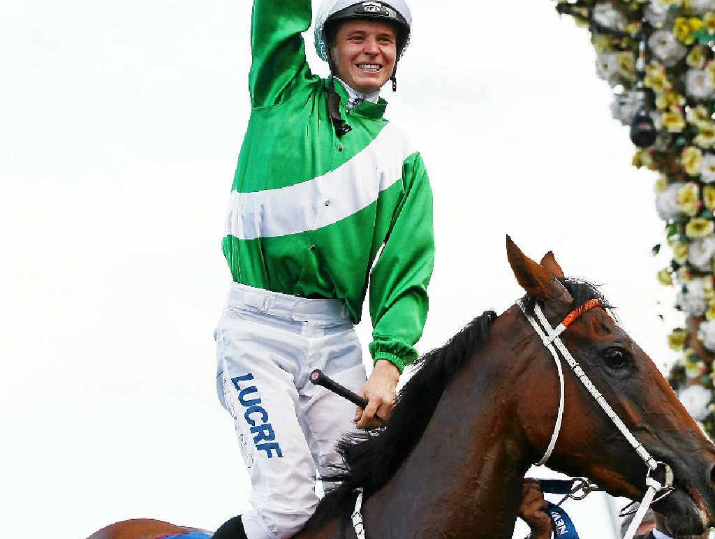 James McDonald celebrates riding Mossfun to win the Golden Slipper at Rosehill on Saturday. James McDonald celebrates riding Mossfun to win the Golden Slipper at Rosehill on Saturday.