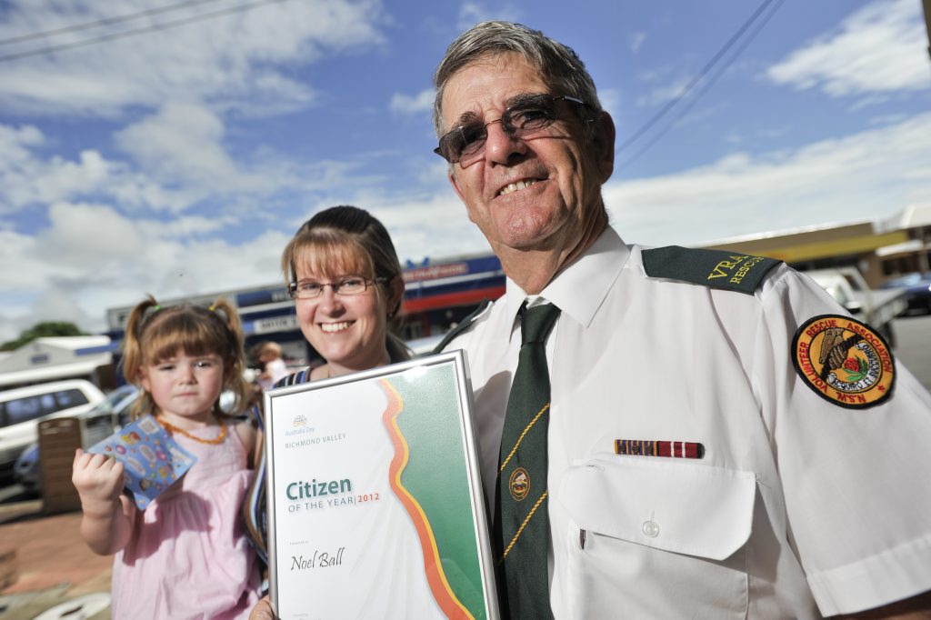 Noel Ball, pictured with his daughter and granddaughter, when he was named Richmond Valley Council's Citizen of the Year in 2012. Noel Ball, pictured with his daughter and granddaughter, when he was named Richmond Valley Council's Citizen of the Year in 2012.