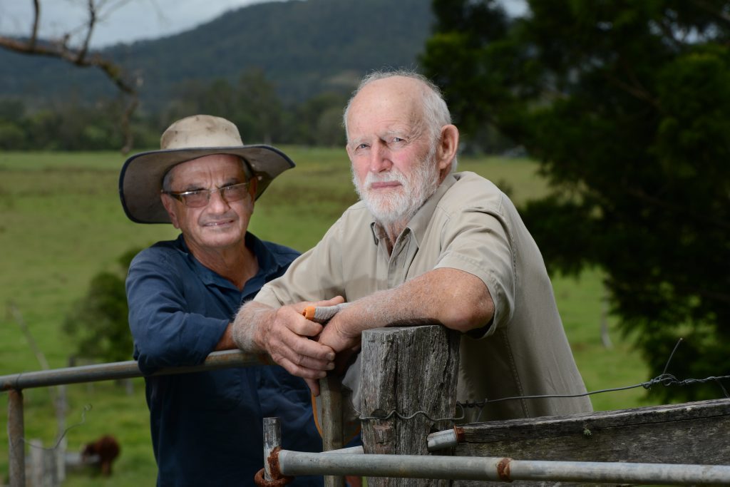 Bentley farmers Tony Davis, left, and Robert Lowrey don't want to see Coal Seam Gas activity divide their community. Bentley farmers Tony Davis, left, and Robert Lowrey don't want to see Coal Seam Gas activity divide their community.