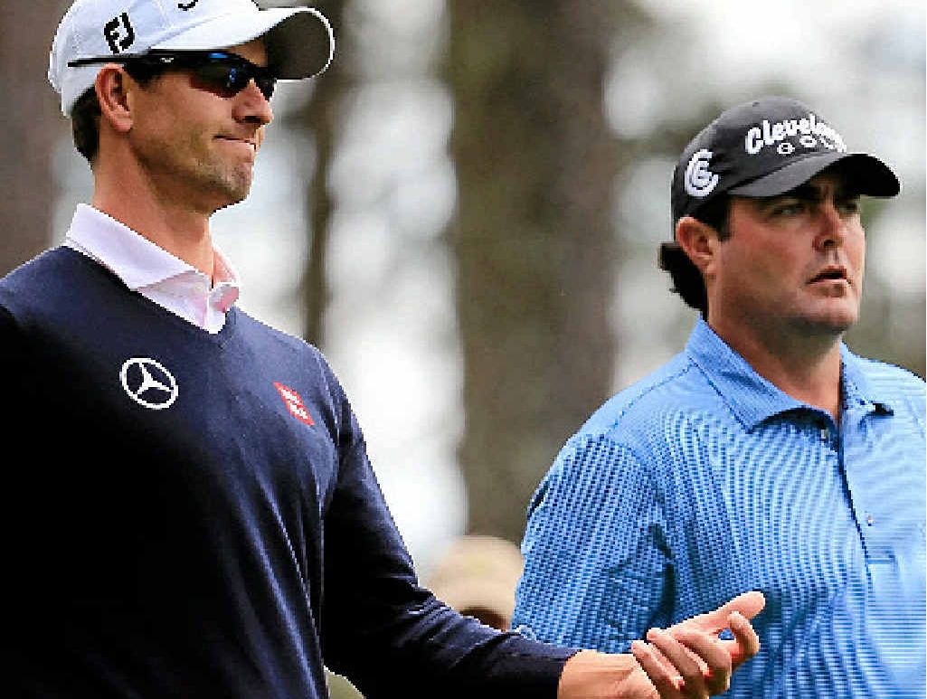 Adam Scott (left) and Steven Bowditch walk off a tee during a practice round prior to the start of the Masters. Adam Scott (left) and Steven Bowditch walk off a tee during a practice round prior to the start of the Masters.