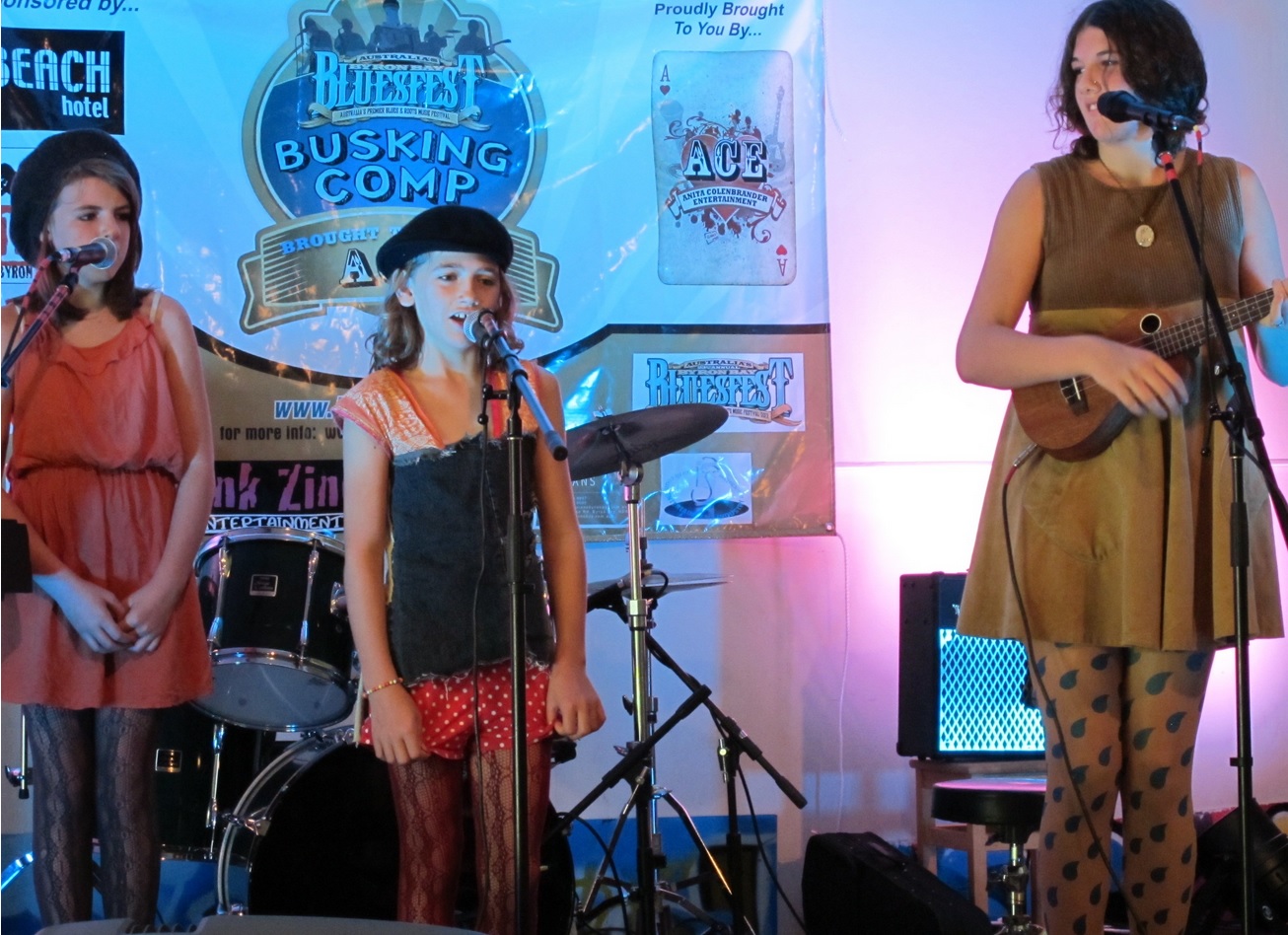 Cecilia Brandolini & the Stars (now calling themselves the Three Little Sisters) pictured singing their original song Je Suis Retard (I Am Late) in French at the 2012 Grommets Bluesfest Busking Competition. Pictured are Cecilia (right) and her sisters Monica (centre) and Bridget (left).
Cecilia Brandolini & the Stars (now calling themselves the Three Little Sisters) pictured singing their original song Je Suis Retard (I Am Late) in French at the 2012 Grommets Bluesfest Busking Competition. Pictured are Cecilia (right) and her sisters Monica (centre) and Bridget (left).