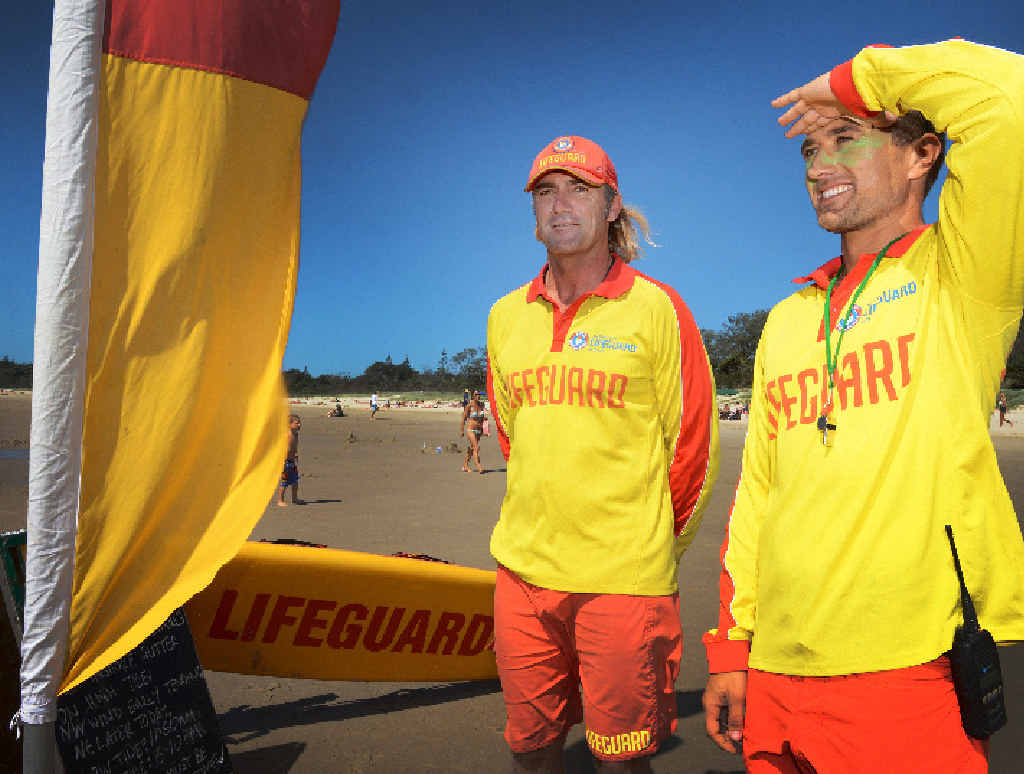 SURF’S UP: Lifeguards Steve Mills and Rogerio Gaglianone keep watch at Main Beach, Byron Bay. Additional beaches will be patrolled during the Easter holidays. SURF’S UP: Lifeguards Steve Mills and Rogerio Gaglianone keep watch at Main Beach, Byron Bay. Additional beaches will be patrolled during the Easter holidays.