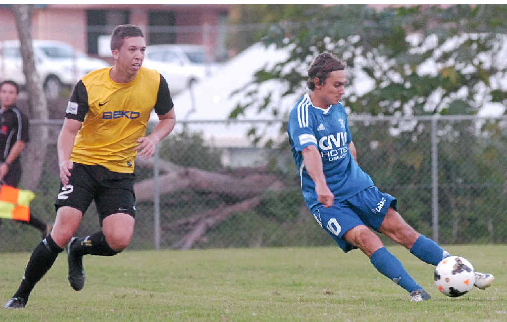 TAKING AIM: Lismore Thistles attacker Jake Nind (right) gets in a shot at goal in the clash with Goonellabah FC. TAKING AIM: Lismore Thistles attacker Jake Nind (right) gets in a shot at goal in the clash with Goonellabah FC.