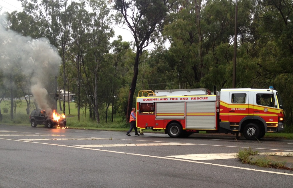A Jeep Cherokee caught fire on Glenlyon Rd, Gladstone, on Sunday afternoon. A Jeep Cherokee caught fire on Glenlyon Rd, Gladstone, on Sunday afternoon.