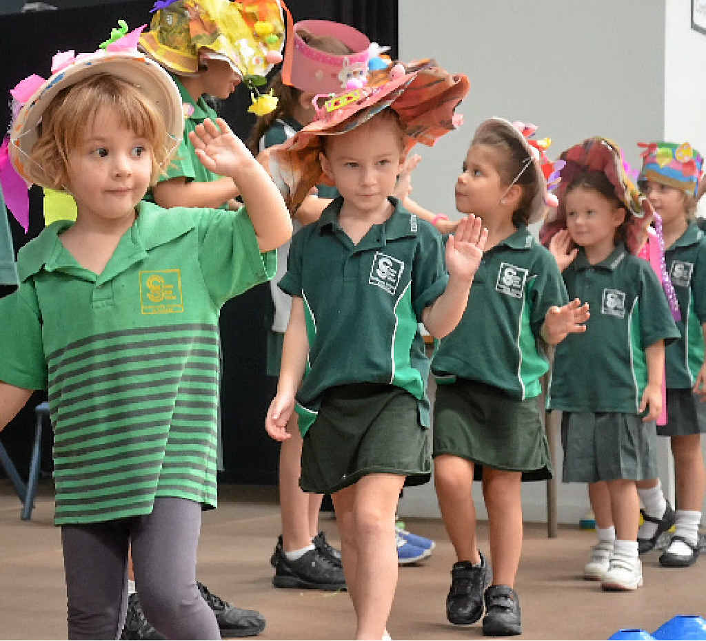 Yashminah Harwood, Tamika Hughes, Indie Ibbotson, Chelsea Rowe and Kodi James participate in Clinton State School’s annual Easter bonnet parade. Yashminah Harwood, Tamika Hughes, Indie Ibbotson, Chelsea Rowe and Kodi James participate in Clinton State School’s annual Easter bonnet parade.