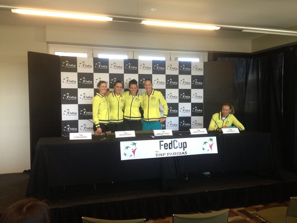 WHAT DROUGHT? The Australian Fed Cup team, including, from left, Storm Sanders, Ashleigh Barty, Casey Dellacqua, Samantha Stosur and team captain Alicia Molik, was full of smiles yesterday. There was no talk of wanting to break a 40-year title drought. WHAT DROUGHT? The Australian Fed Cup team, including, from left, Storm Sanders, Ashleigh Barty, Casey Dellacqua, Samantha Stosur and team captain Alicia Molik, was full of smiles yesterday. There was no talk of wanting to break a 40-year title drought.