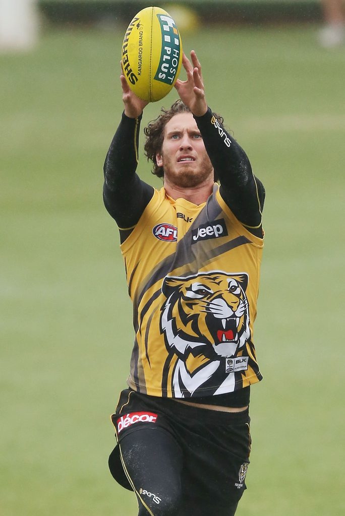 MELBOURNE, AUSTRALIA - APRIL 10: Tyrone Vickery marks the ball during a Richmond Tigers AFL training session at ME Bank Centre on April 10, 2014 in Melbourne, Australia. (Photo by Michael Dodge/Getty Images) MELBOURNE, AUSTRALIA - APRIL 10: Tyrone Vickery marks the ball during a Richmond Tigers AFL training session at ME Bank Centre on April 10, 2014 in Melbourne, Australia. (Photo by Michael Dodge/Getty Images)