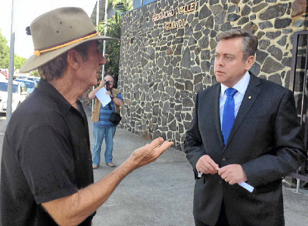 OH BEHAVE: Lock the Gate spokesman Ian Gaillard (left) discusses the Bentley protest with NSW Resources Minister Anthony Roberts outside Richmond Valley Council’s Casino office. OH BEHAVE: Lock the Gate spokesman Ian Gaillard (left) discusses the Bentley protest with NSW Resources Minister Anthony Roberts outside Richmond Valley Council’s Casino office.