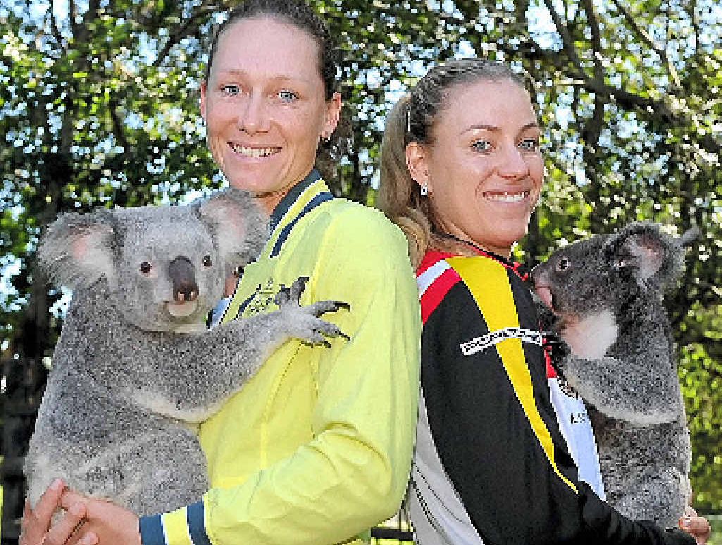 SET: Sam Stosur and Angelique Kerber at Lone Pine Koala Sanctuary yesterday. SET: Sam Stosur and Angelique Kerber at Lone Pine Koala Sanctuary yesterday.