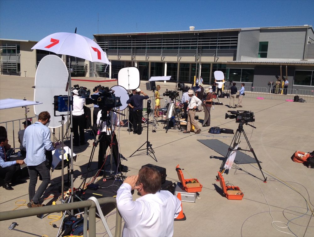 International and local media await the arrival of the Duke and Duchess of Cambridge at RAAF Base Amberley. International and local media await the arrival of the Duke and Duchess of Cambridge at RAAF Base Amberley.