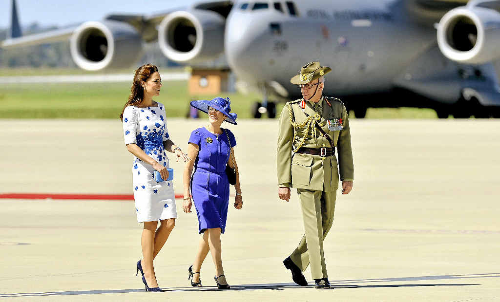 The Duchess talks with Mrs Linda Hurley and her husband, Chief of the Defence Force General David Hurley, after arriving at Amberley. The Duchess talks with Mrs Linda Hurley and her husband, Chief of the Defence Force General David Hurley, after arriving at Amberley.