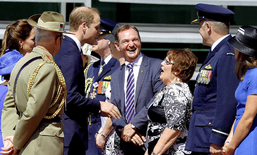 ROYAL MEETING: Prince William shares a joke with Ipswich Mayor Paul Pisasale and Mayoress Janet Pisasale. ROYAL MEETING: Prince William shares a joke with Ipswich Mayor Paul Pisasale and Mayoress Janet Pisasale.