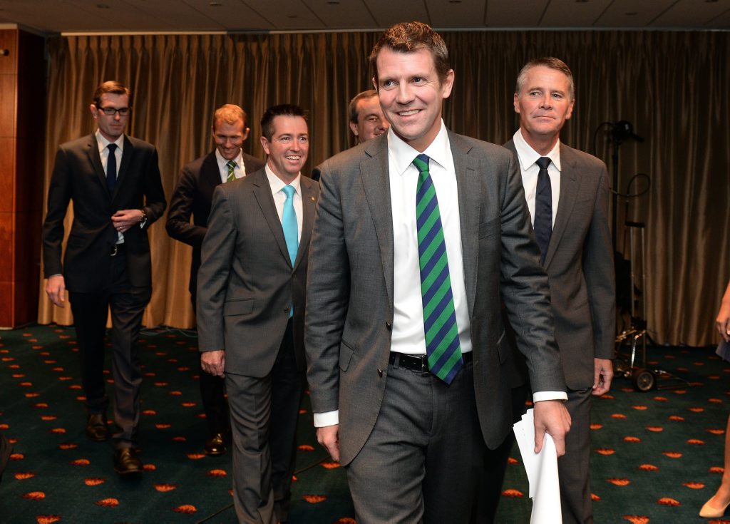 NSW Premier Mike Baird (centre) and Deputy Premier Andrew Stoner (R), along with new cabinet appointees, leave after holding a press conference to announce new members of cabinet, in Sydney, Tuesday, April 22, 2014. The new cabinet will be sworn in at Government House tomorrow. (AAP Image/Dan Himbrechts) NO ARCHIVING NSW Premier Mike Baird (centre) and Deputy Premier Andrew Stoner (R), along with new cabinet appointees, leave after holding a press conference to announce new members of cabinet, in Sydney, Tuesday, April 22, 2014. The new cabinet will be sworn in at Government House tomorrow. (AAP Image/Dan Himbrechts) NO ARCHIVING