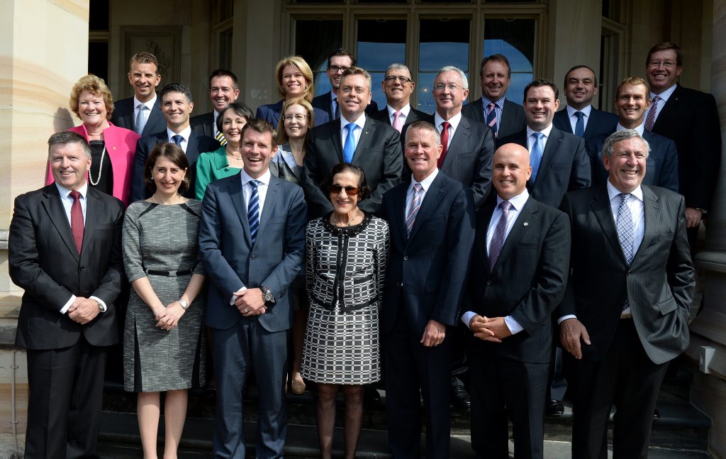 NSW Premier Mike Baird, Deputy Premier Andrew Stoner, along with NSW Governor Marie Bashir, pose for a photograph with their new cabinet after a swearing in ceremony at Government House, Sydney, Wednesday, April 23, 2014. Mike Baird has promoted five new parliamentary members to his new cabinet. (AAP Image/Dan Himbrechts) NO ARCHIVING NSW Premier Mike Baird, Deputy Premier Andrew Stoner, along with NSW Governor Marie Bashir, pose for a photograph with their new cabinet after a swearing in ceremony at Government House, Sydney, Wednesday, April 23, 2014. Mike Baird has promoted five new parliamentary members to his new cabinet. (AAP Image/Dan Himbrechts) NO ARCHIVING