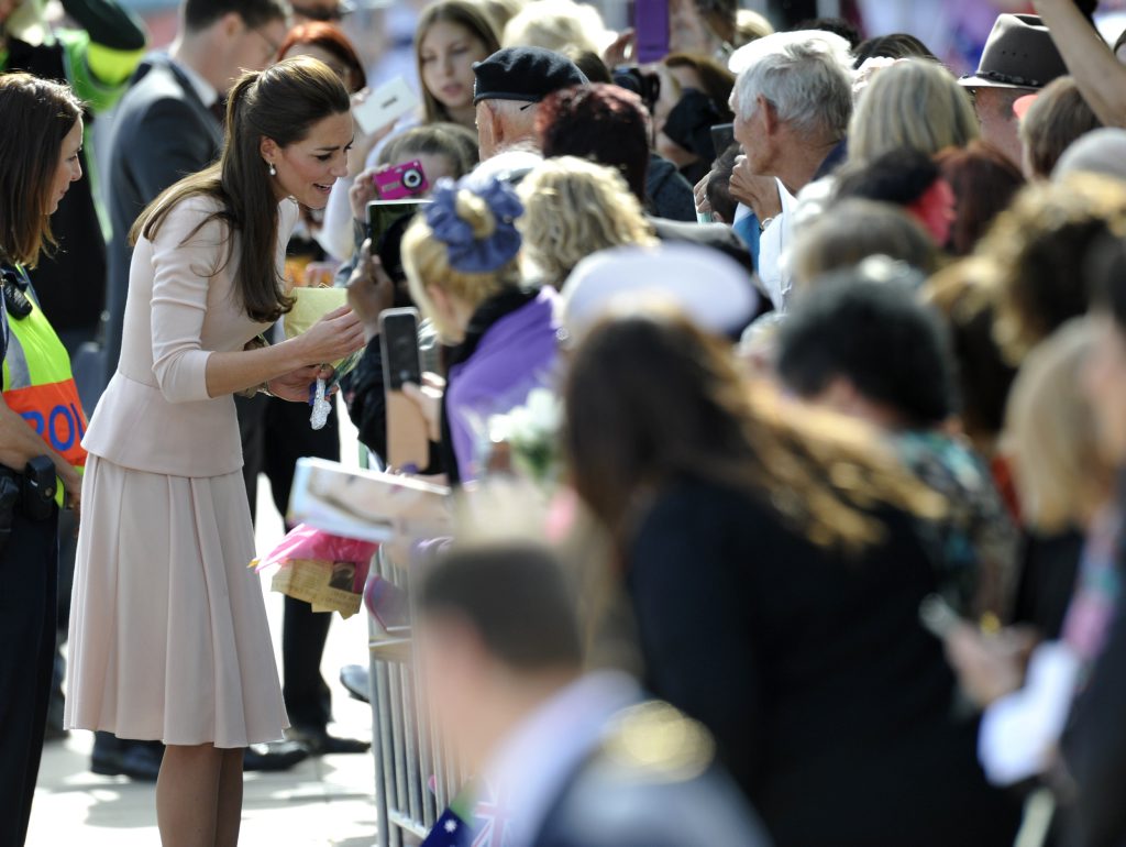 Kate, the Duchess of Cambridge, greets the crowd. Wednesday, April 23, 2014, in Adelaide, Australia. The royal couple, along with their son Prince George, are on a 10-day official visit to Australia. Kate, the Duchess of Cambridge, greets the crowd. Wednesday, April 23, 2014, in Adelaide, Australia. The royal couple, along with their son Prince George, are on a 10-day official visit to Australia.