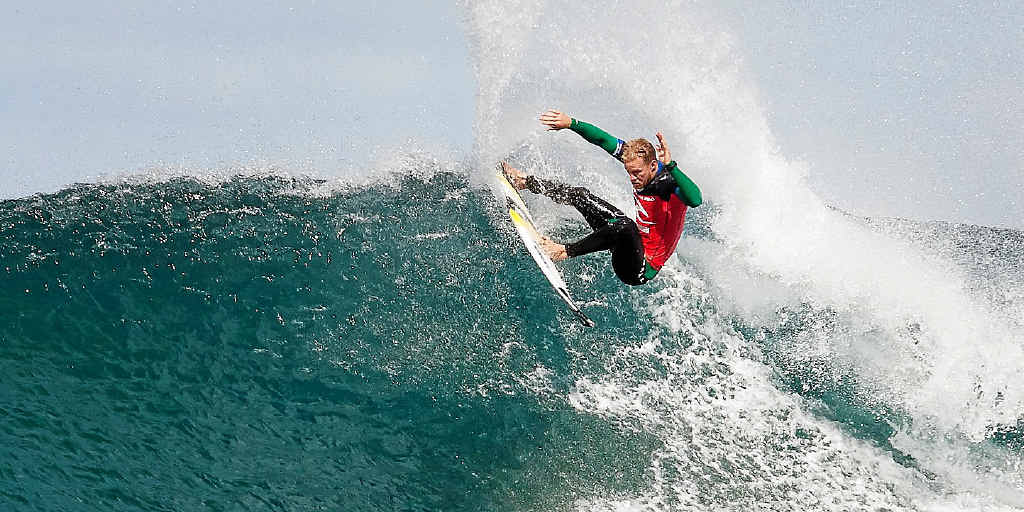 Lennox Head surfer Adam Melling in red-hot form earlier in the competition. He will take on surfing legend Kelly Slater in the fifth round.