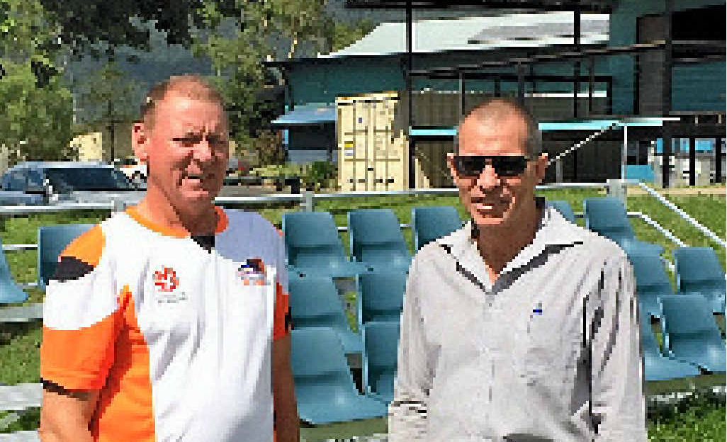 COMMUNITY EVENT: Ray White’s Bernard Woods caught up with Whitsunday Sports Park president Steve Tween to discuss how funding from the 2014 Ray White Ball could be used to upgrade the facility in Jubilee Pocket.