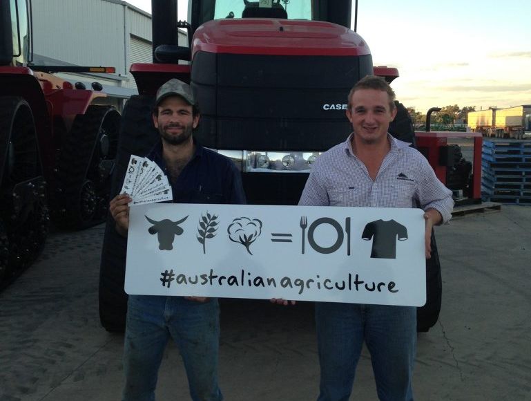 Sam Collier (right) is the man behind the #australianagriculture social media trend. His mate, Sean Headland (left) has helped distribute the popular stickers. Sam Collier (right) is the man behind the #australianagriculture social media trend. His mate, Sean Headland (left) has helped distribute the popular stickers.