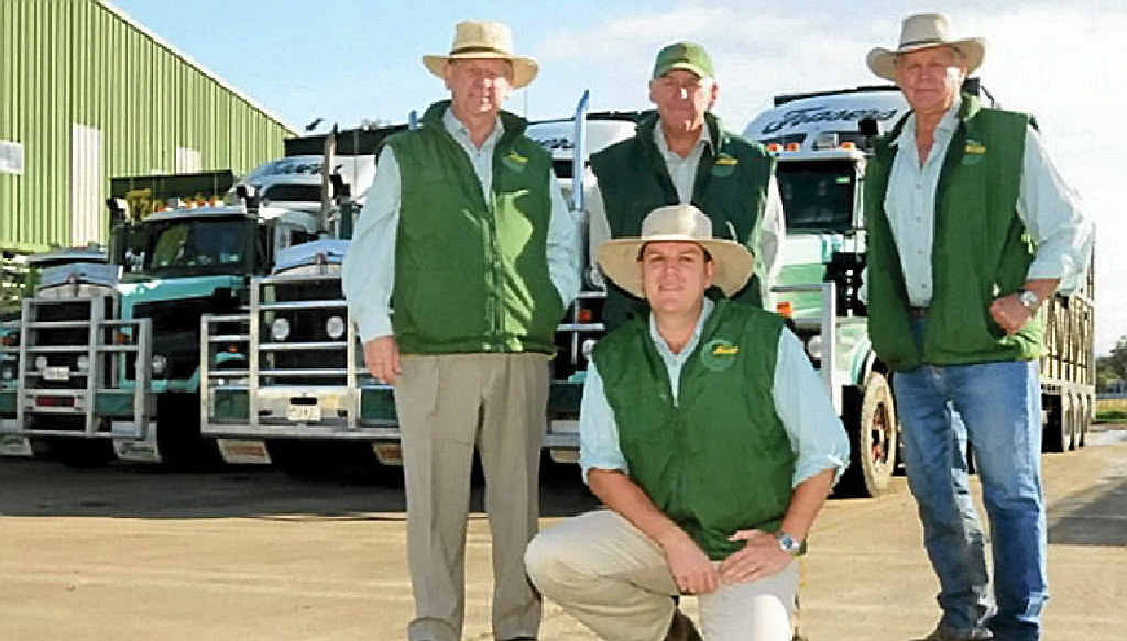 Frasers principals Ross, Peter and Les Fraser welcome third-generation Warwick Fraser (front) to the family livestock transport operation. Frasers principals Ross, Peter and Les Fraser welcome third-generation Warwick Fraser (front) to the family livestock transport operation.