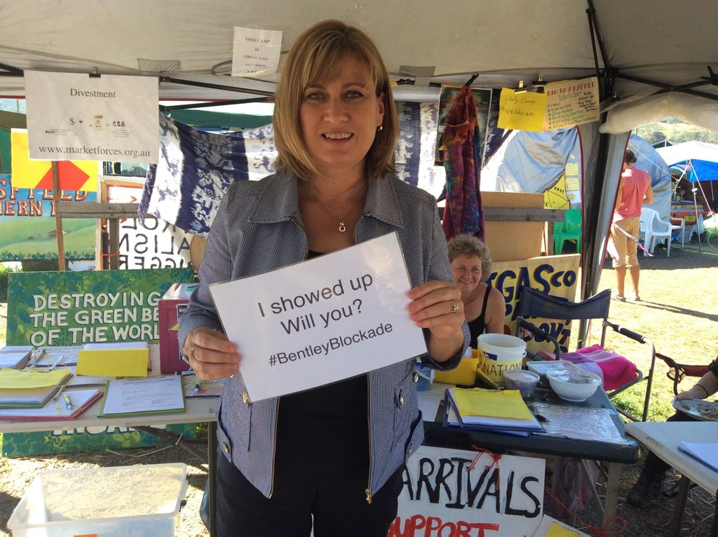 Richmond MP Justine Elliot at the Bentley blockade camp. Richmond MP Justine Elliot at the Bentley blockade camp.