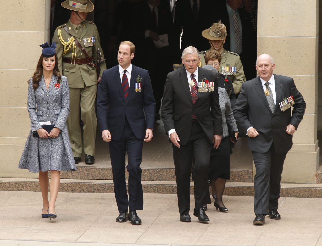 Prince William (2nd L) and Catherine, Duchess of Cambridge (L) arrive at the Australian National War Memorial with Ken Doolan (2nd R), National President of Australia's Returned and Services League of Australia (RSL) and Australia's Governor General Peter Cosgrove on ANZAC Day. Prince William (2nd L) and Catherine, Duchess of Cambridge (L) arrive at the Australian National War Memorial with Ken Doolan (2nd R), National President of Australia's Returned and Services League of Australia (RSL) and Australia's Governor General Peter Cosgrove on ANZAC Day.
