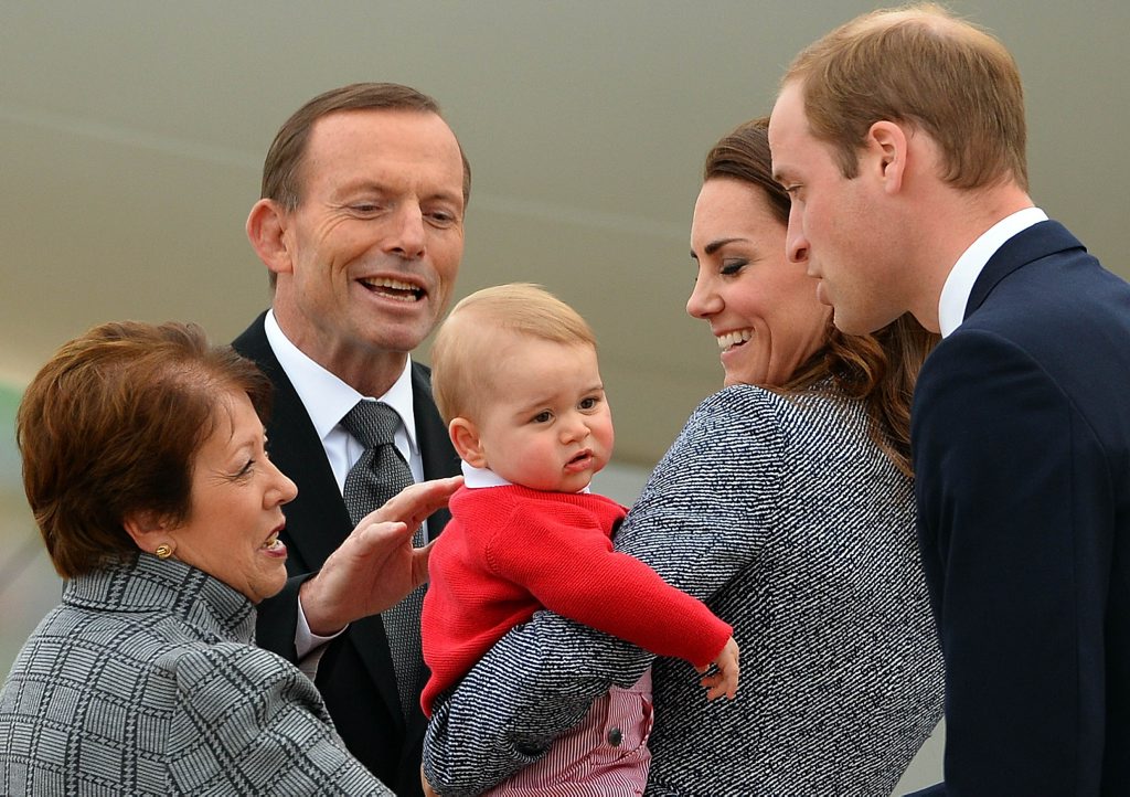Lynne Cosgrove (L), wife of Governor-General of the Commonwealth of Australia Peter Cosgrove (unseen), and Australian Prime Minister Tony Abbott (2nd L) sees off Britain's Prince William (R), his wife Catherine (2nd R), the Duchess of Cambridge, and their son Prince George. Lynne Cosgrove (L), wife of Governor-General of the Commonwealth of Australia Peter Cosgrove (unseen), and Australian Prime Minister Tony Abbott (2nd L) sees off Britain's Prince William (R), his wife Catherine (2nd R), the Duchess of Cambridge, and their son Prince George.