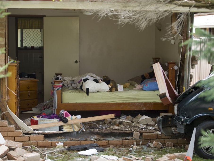A house in Wuth St suffered major damage when a vehicle was crashed into the front corner bedroom where Ben Marshall and his partner were sleeping. A house in Wuth St suffered major damage when a vehicle was crashed into the front corner bedroom where Ben Marshall and his partner were sleeping.