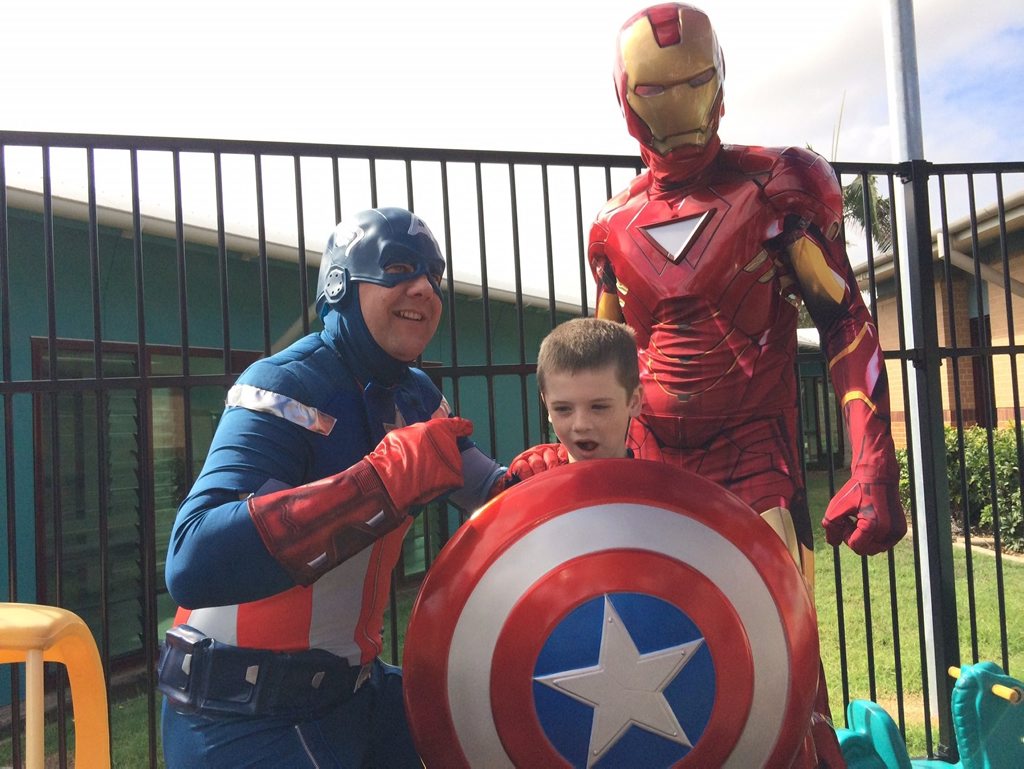 Hervey Bay RSL's Captain America and Iron Man with Memphis Norrie at the official opening of Hervey Bay Hospital's revamped pediatrics ward. Hervey Bay RSL's Captain America and Iron Man with Memphis Norrie at the official opening of Hervey Bay Hospital's revamped pediatrics ward.