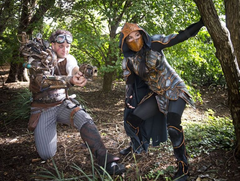 Cosplayers Nick Scotney, in an original steampunk costume and Emma Lowien as Nightingale from Skyrim. Cosplayers Nick Scotney, in an original steampunk costume and Emma Lowien as Nightingale from Skyrim.