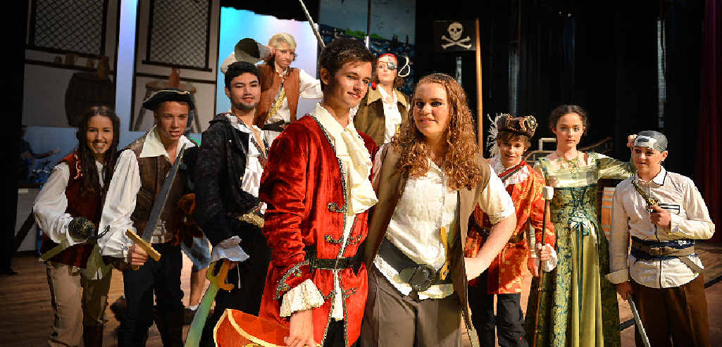 The cast of The Pirate Queen at dress rehearsal in the Gympie Civic Centre yesterday. From left, Georgia Cawley, Tom Leis, Heston Brockington, Connor Peckitt, Paul Nobbes, Julia Davies, Hollier O’Neill, Liam Urwin, Emily Feldmeier and Ethan Shaw.