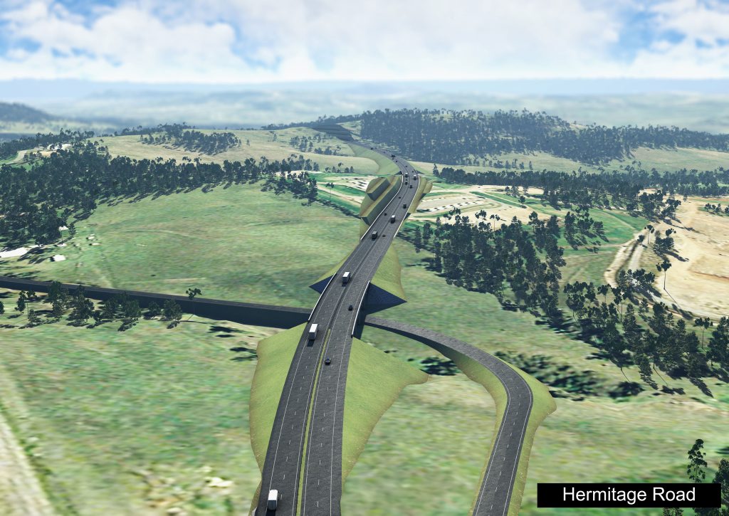 An artist's impression of the completed Toowoomba Bypass at Hermitage Rd. An artist's impression of the completed Toowoomba Bypass at Hermitage Rd.