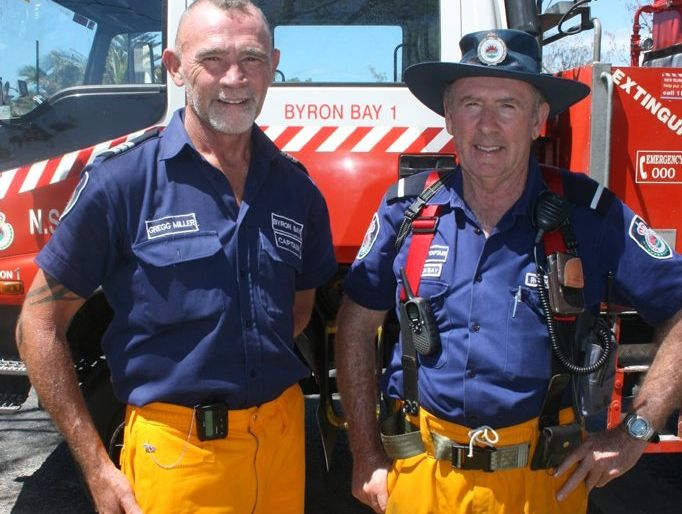 FIRIES: Gregg Miller, captain of the Byron Bay Rural Fire Brigade (left) and deputy captain Rodney Halpin, who has been honoured with an award for saving his neighbour's life. FIRIES: Gregg Miller, captain of the Byron Bay Rural Fire Brigade (left) and deputy captain Rodney Halpin, who has been honoured with an award for saving his neighbour's life.