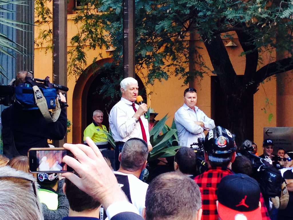 Bob Katter addresses protestors at the CFMEU organsied rally in the Brisbane CBD on Monday, May 5, 2014. Picture: Adam Davies Bob Katter addresses protestors at the CFMEU organsied rally in the Brisbane CBD on Monday, May 5, 2014. Picture: Adam Davies