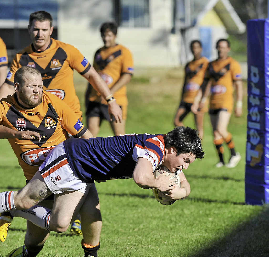 Anthony Mayers scampers over for his first try of the season, making him safe from baring all at the end of the year. Anthony Mayers scampers over for his first try of the season, making him safe from baring all at the end of the year.
