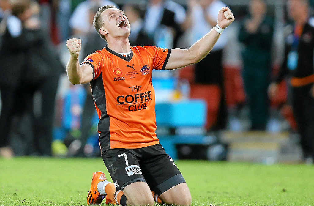 Besart Berisha lets it all out after the final whistle in Sunday’s grand final – his last game for the Brisbane Roar before moving to Melbourne Victory next season. Besart Berisha lets it all out after the final whistle in Sunday’s grand final – his last game for the Brisbane Roar before moving to Melbourne Victory next season.