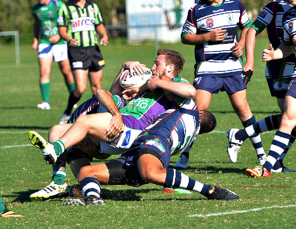 BIG TACKLE: Mackay Brothers Sio Alefosio and Aiden Daniels tackle Whitsundays Brahmans Joshua Hardcastle. Photo Peter Holt / Daily Mercury BIG TACKLE: Mackay Brothers Sio Alefosio and Aiden Daniels tackle Whitsundays Brahmans Joshua Hardcastle. Photo Peter Holt / Daily Mercury