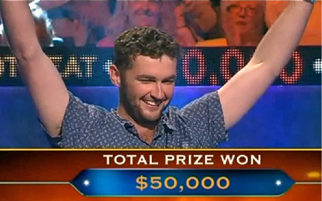 Former Allora local Tom Cowley celebrates his $50,000 win on Tuesday night’s episode of Millionaire Hot Seat. Former Allora local Tom Cowley celebrates his $50,000 win on Tuesday night’s episode of Millionaire Hot Seat.