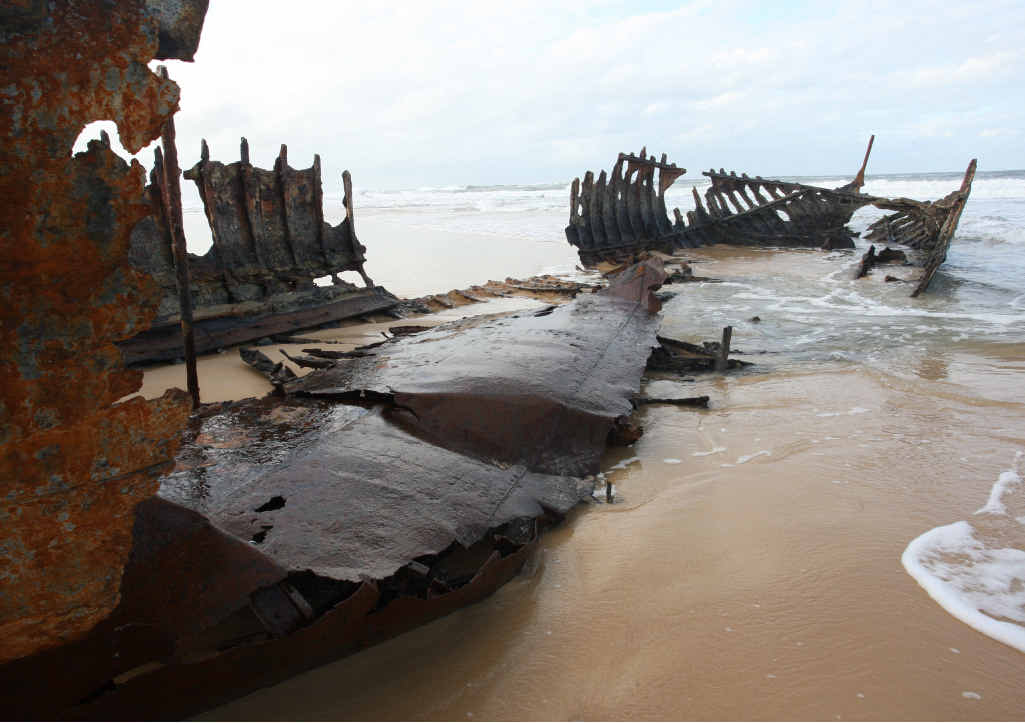 Exposed wreck of SS Dicky which was grounded at Dicky Beach on February 18, 1893. It lost a large 10m part of its hull after the heavy seas battered the rusting ruin. Exposed wreck of SS Dicky which was grounded at Dicky Beach on February 18, 1893. It lost a large 10m part of its hull after the heavy seas battered the rusting ruin.