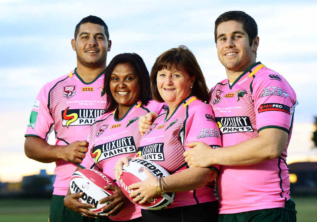 THANKS MUM: Ipswich Jets players (from left) Kurtis Lingwoodock, with his mum Susan Chapman, and Dane Phillips, with his mother Lee Phillips. The players will be wearing pink in today’s Queensland Cup match against Central Capras at the North Ipswich Reserve.