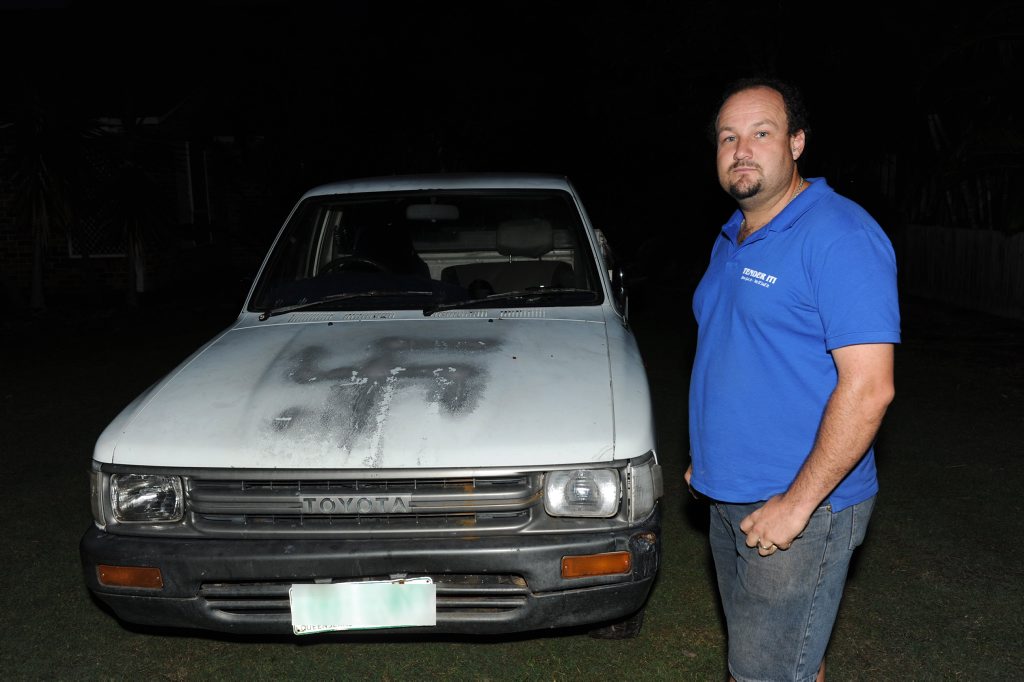 Jamie Mitchell lives in a good neighbourhood and did not expect to return home to see his son's vehicle sprayed with a swastika. Jamie Mitchell lives in a good neighbourhood and did not expect to return home to see his son's vehicle sprayed with a swastika.