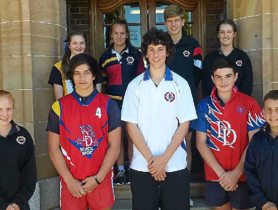 Warwick State High School students in Darling Downs teams (front, from left) Niamh Hogan (orienteering), Jazz Namana (rugby league), Sam Cremasco (basketball), Jacob Reid (hockey), Saxon Charles (orienteering), (back) Christabel Kelly (orienteering), Talitha Doro (football), Simeon Burrill (orienteering) and Rachel Kraak (softball).