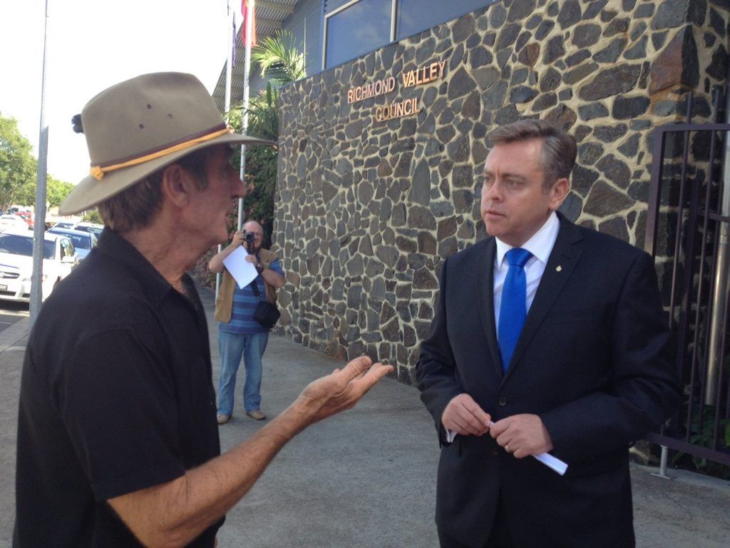 NSW Resources Minister Anthony Roberts pictured talking with Lock the Gate's Ian Gaillard at Casino late last month. NSW Resources Minister Anthony Roberts pictured talking with Lock the Gate's Ian Gaillard at Casino late last month.