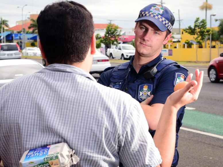 BAD EGG: Bundaberg Police Constable Hayden Drinnen says people found throwing eggs or any other items at vehicles can be charged with wilful damage or public nuisance offences. Photo: Max Fleet / NewsMail BAD EGG: Bundaberg Police Constable Hayden Drinnen says people found throwing eggs or any other items at vehicles can be charged with wilful damage or public nuisance offences. Photo: Max Fleet / NewsMail