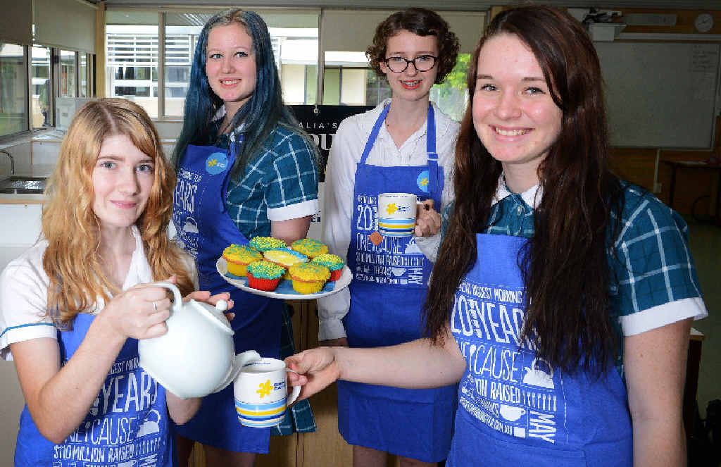 PIECE OF CAKE: Byron Bay students Chloe Creecy, Chiara Hendry-Walpole, Rayne McGaughpan and Mytharia Johnston, prepare for the Biggest Morning Tea. PIECE OF CAKE: Byron Bay students Chloe Creecy, Chiara Hendry-Walpole, Rayne McGaughpan and Mytharia Johnston, prepare for the Biggest Morning Tea.
